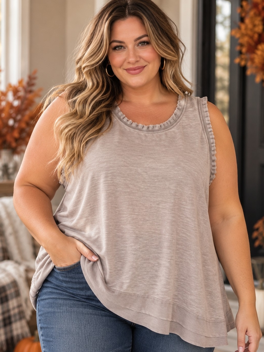 Jones New York Taupe Ruffle-Trim Tank Top